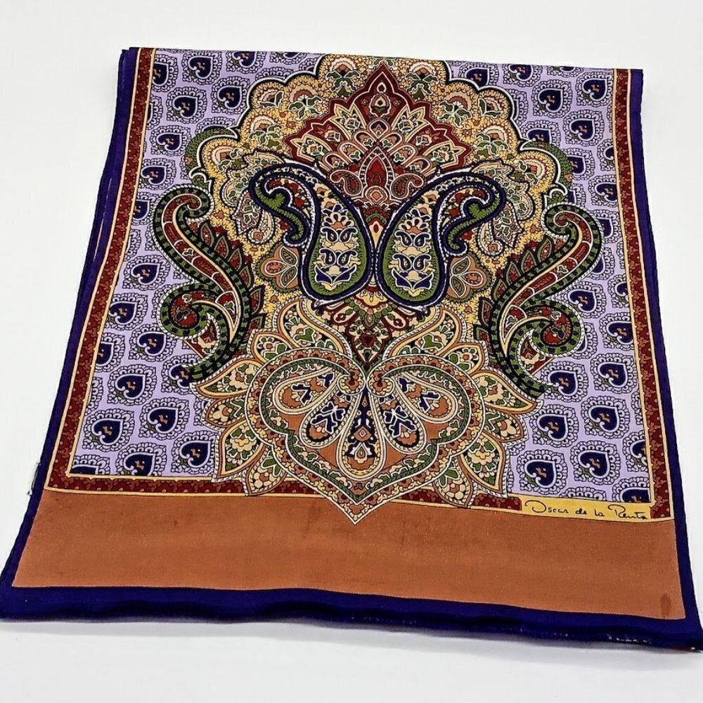 Oscar De La Renta Purple Paisley Heart Silk Fringed Oblong Scarf